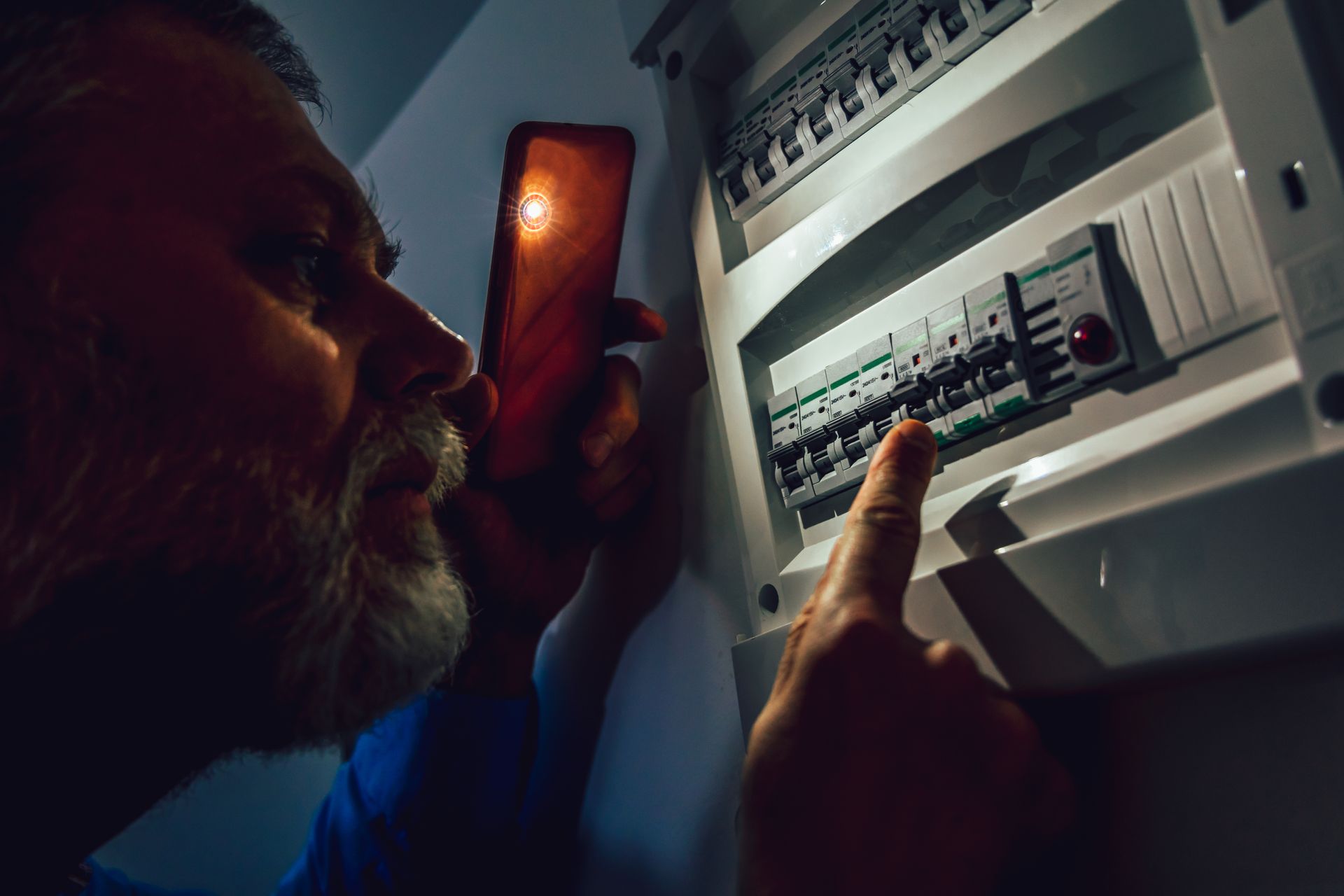 Un homme examine un tableau électrique à l'aide d'une lampe torche dans une pièce faiblement éclairée.