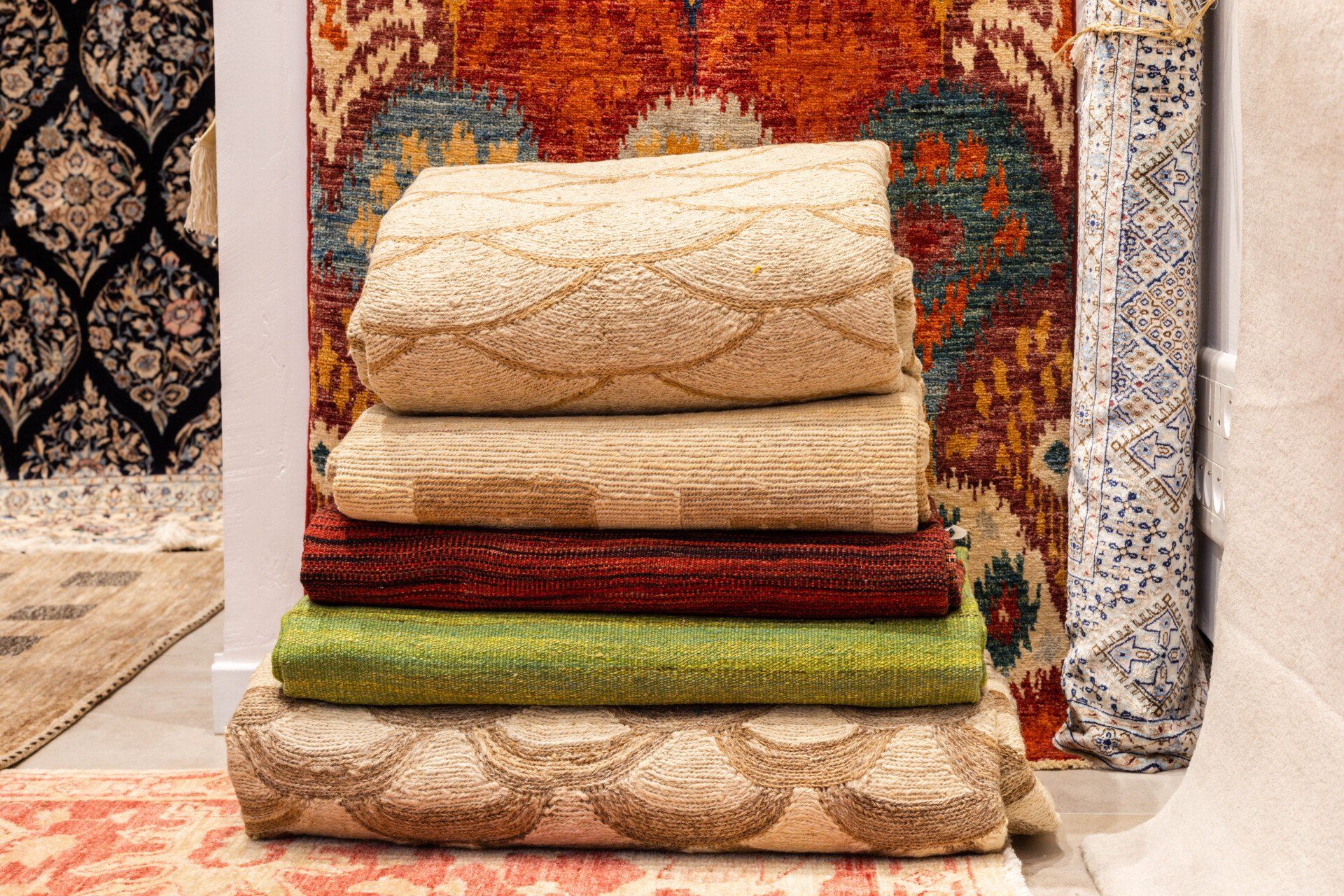 Pile de cinq tapis pliés