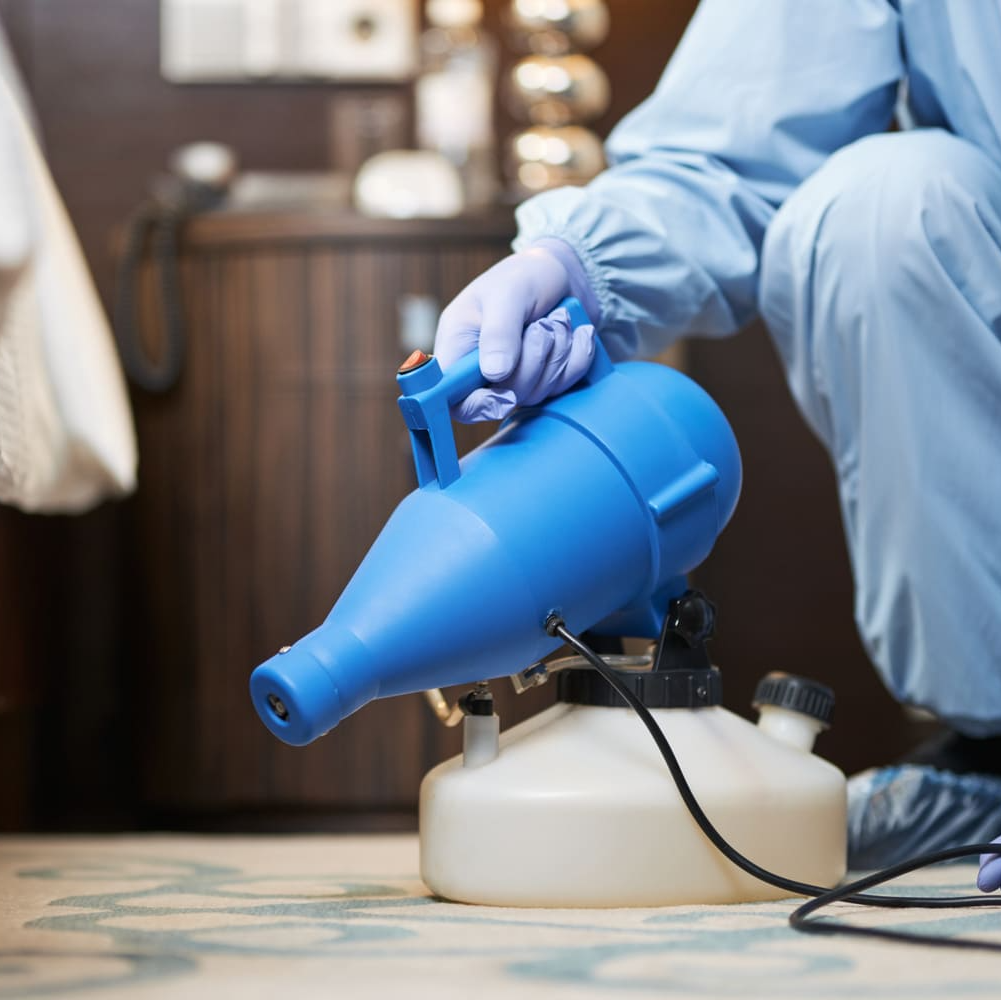 Machine à spray bleu tenue par une personne