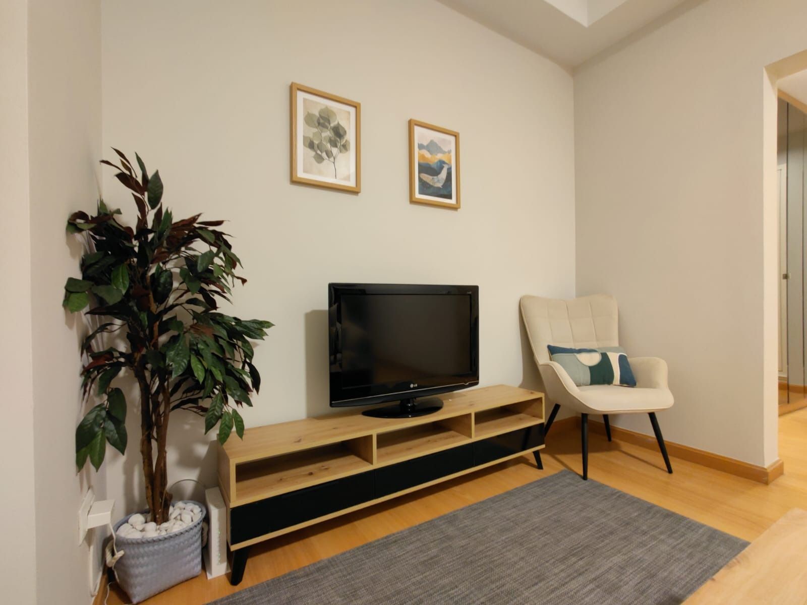 Sala de estar con un televisor sobre un soporte de madera, una silla, cuadros enmarcados y una planta en maceta.