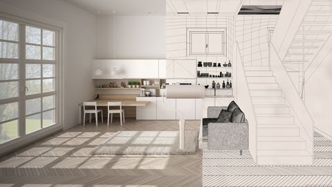 Mi-aménagement intérieur, mi-croquis architectural. Espace de vie moderne avec grande fenêtre, cuisine et escalier.