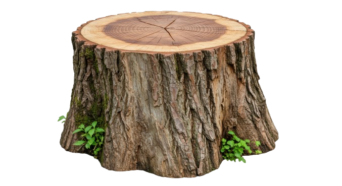 Souche d'arbre avec une écorce brune rugueuse, une cime brune et des plantes vertes à sa base.