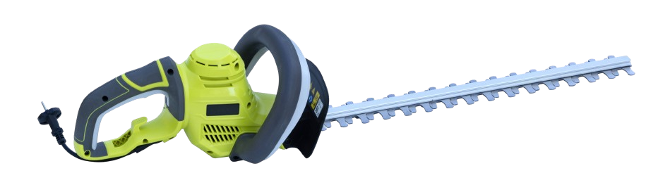 Taille-haie électrique, vert citron et gris, avec lames coupantes.