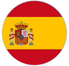 Una bandera española circular con franjas horizontales rojas y amarillas y el escudo de armas español en el lado izquierdo.