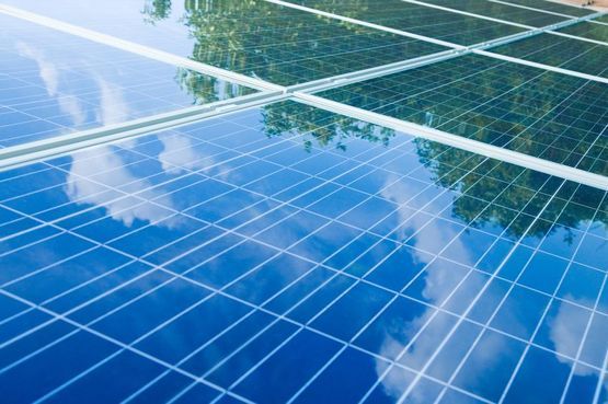 Un primer plano de un panel solar con un árbol reflejado en él.