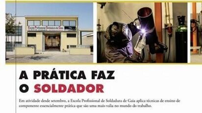 Uma foto de um prédio e uma foto de uma pessoa a soldar