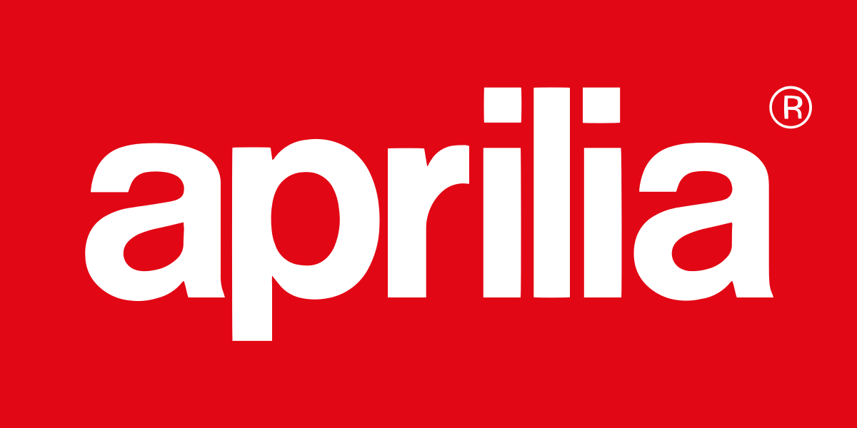El logotipo de Aprilia es blanco sobre un fondo rojo.