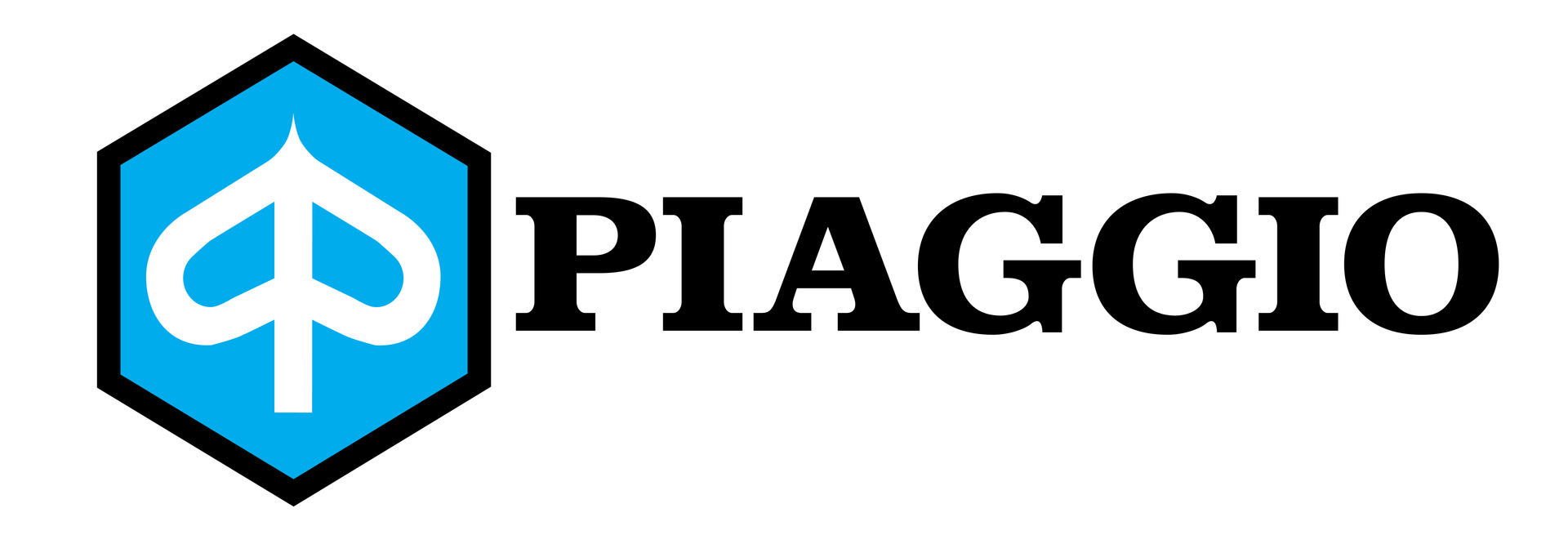 Un logotipo de Piaggio con un hexágono azul sobre un fondo blanco.