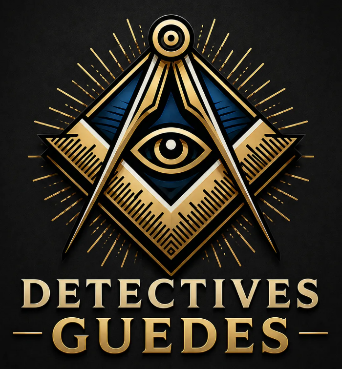 Logotipo con un ojo dorado dentro de un emblema geométrico azul y dorado, con el texto “DETECTIVES GUEDES” debajo.