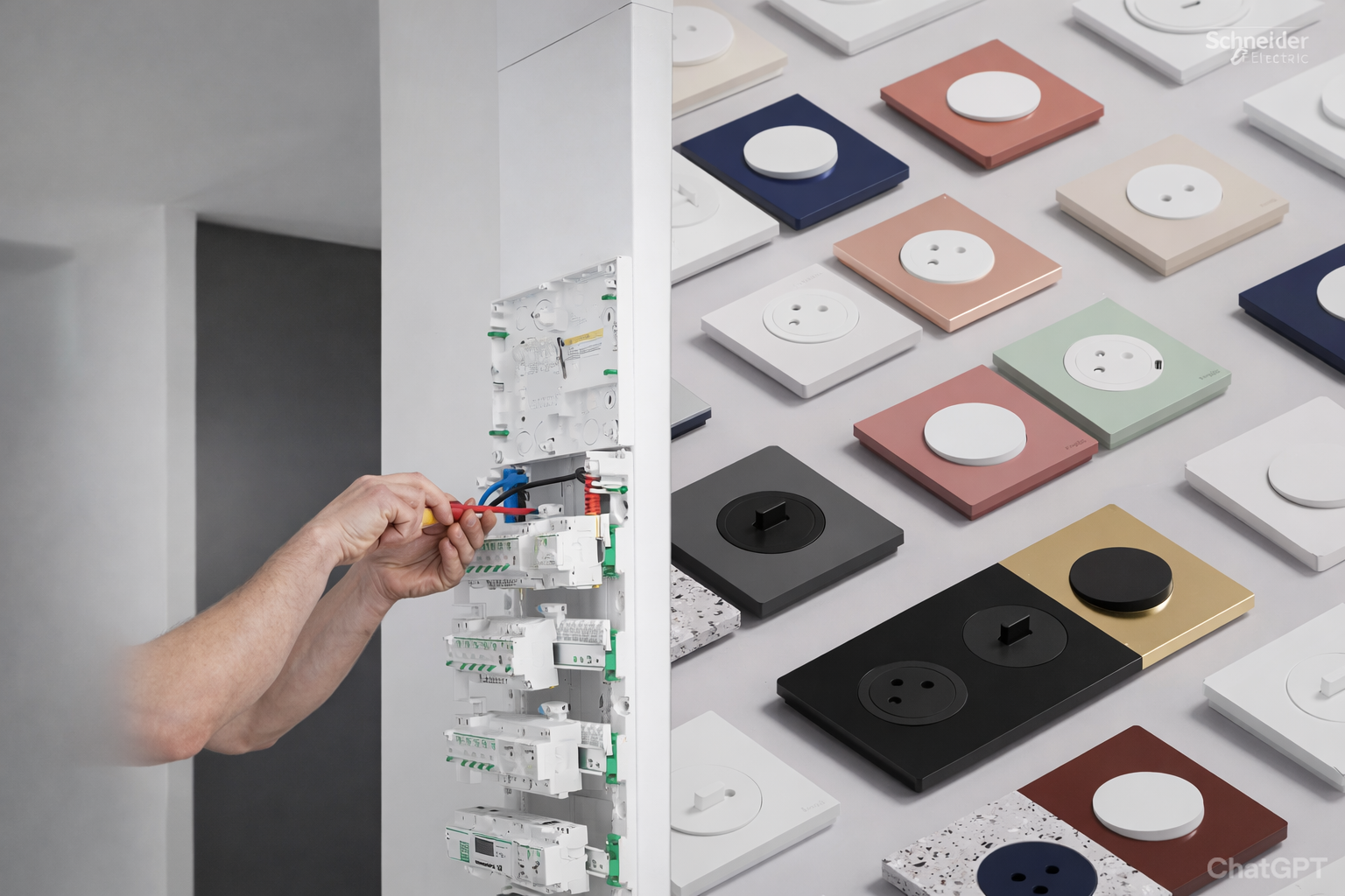 Des prises murales et un tableau électrique.