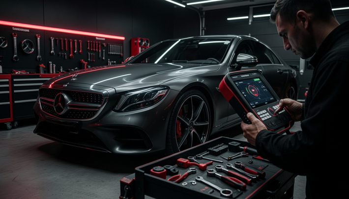 Un technicien inspecte une Mercedes-Benz 