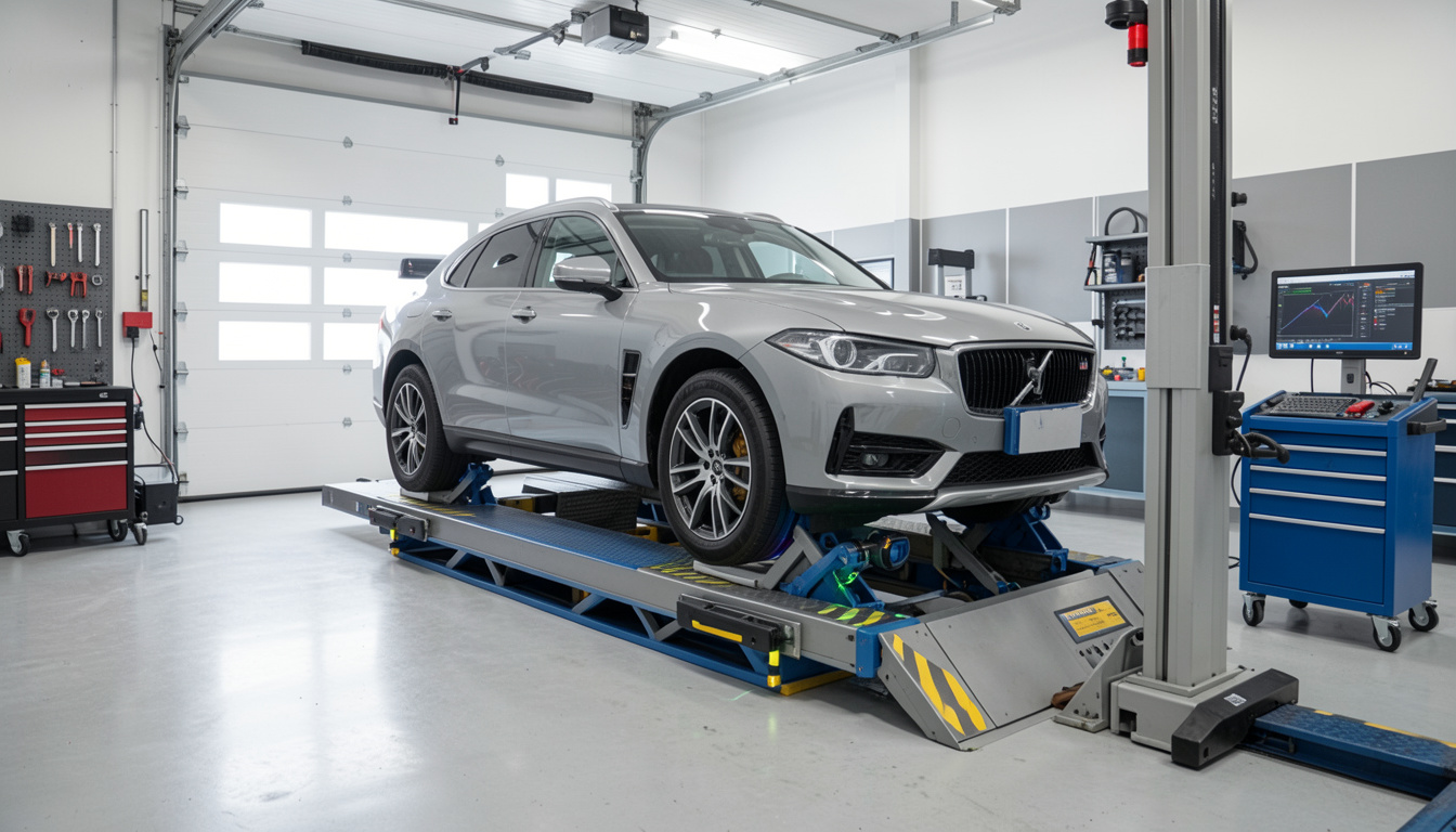 SUV Volvo gris garé sur un pont élévateur