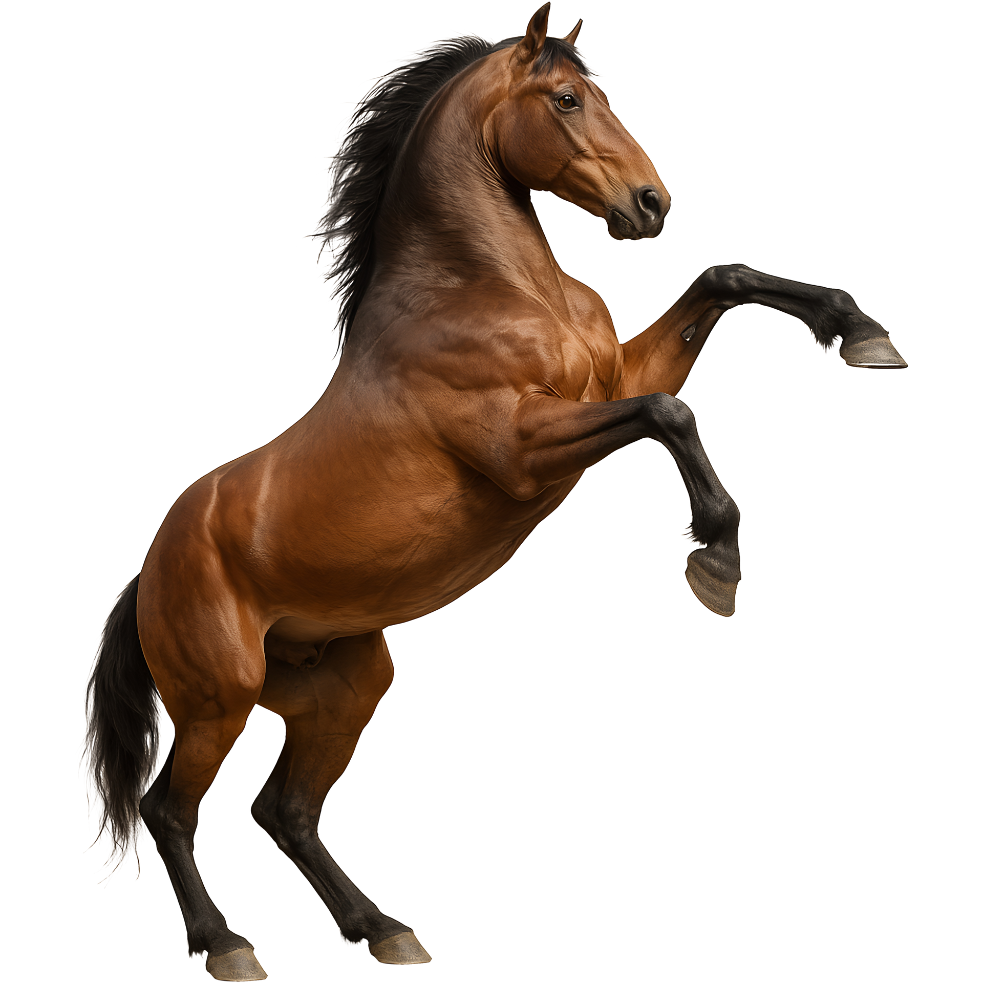 Un cheval bai à la crinière et à la queue noires se cabrant sur ses pattes arrière.