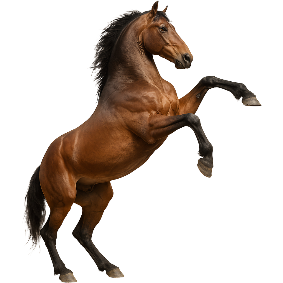 Un cheval bai se cabrant sur ses pattes arrière.