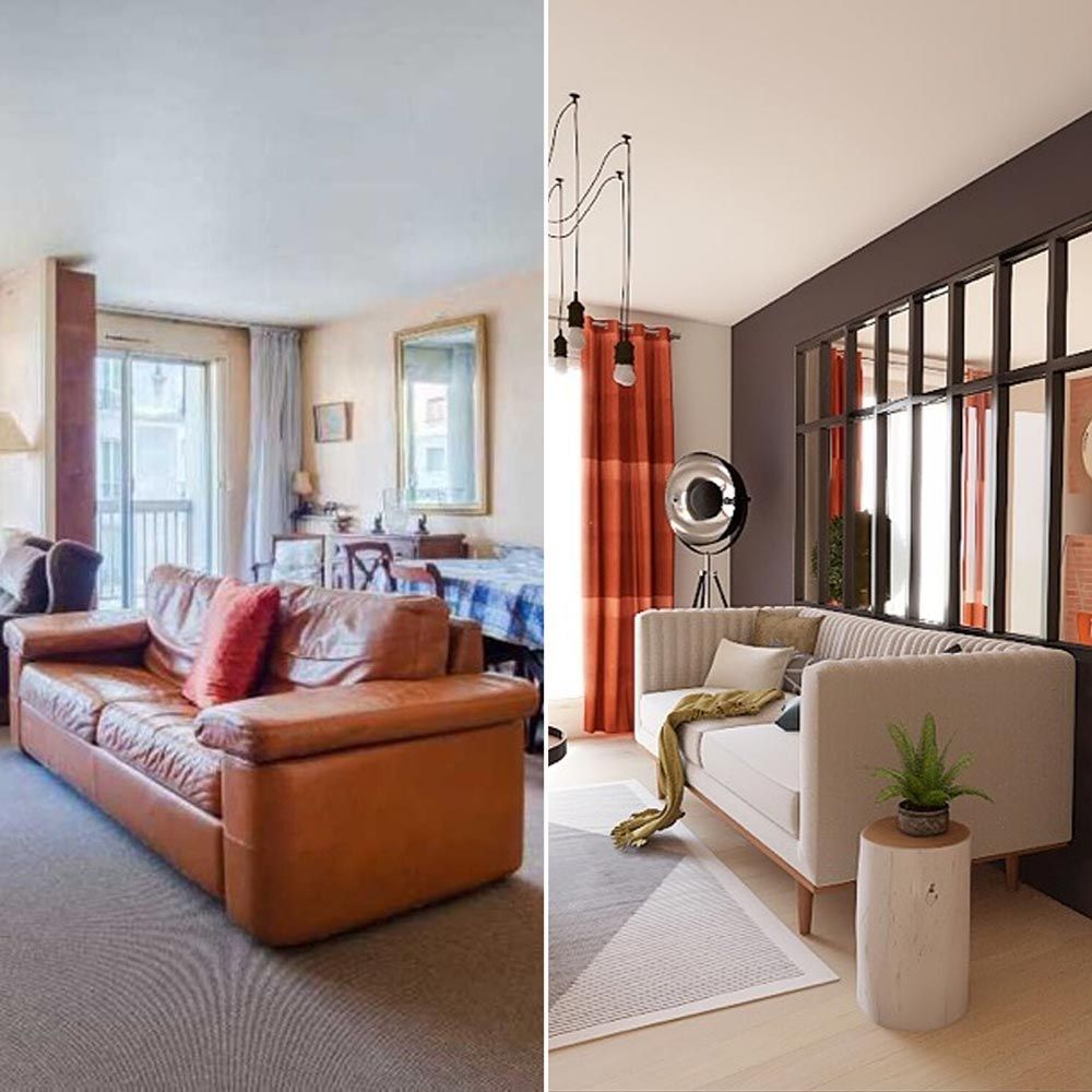 Avant et après la rénovation d'un salon ; un canapé en cuir marron transformé en canapé blanc au design moderne.