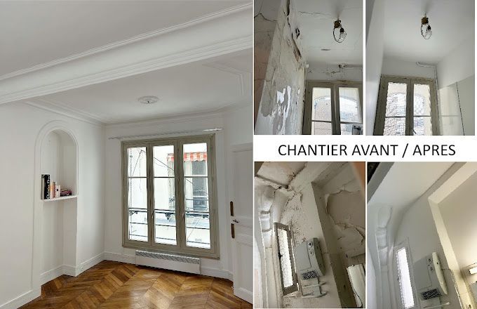 Intérieur d'une pièce rénovée : photos avant et après, avec murs blancs, fenêtre et parquet.