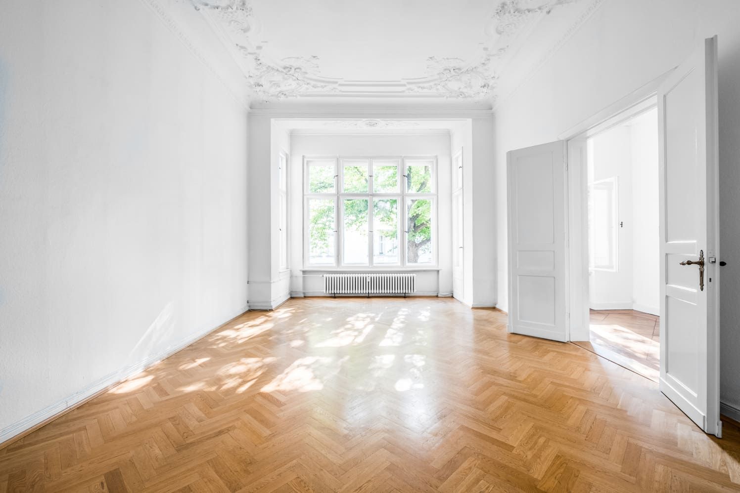 Pièce vide avec parquet, grande fenêtre et moulures ornementées au plafond.