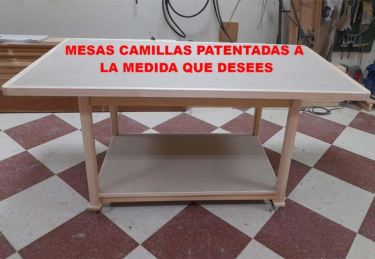 A checkered floor with a table that says mesas camillas patentadas a la medida que desees