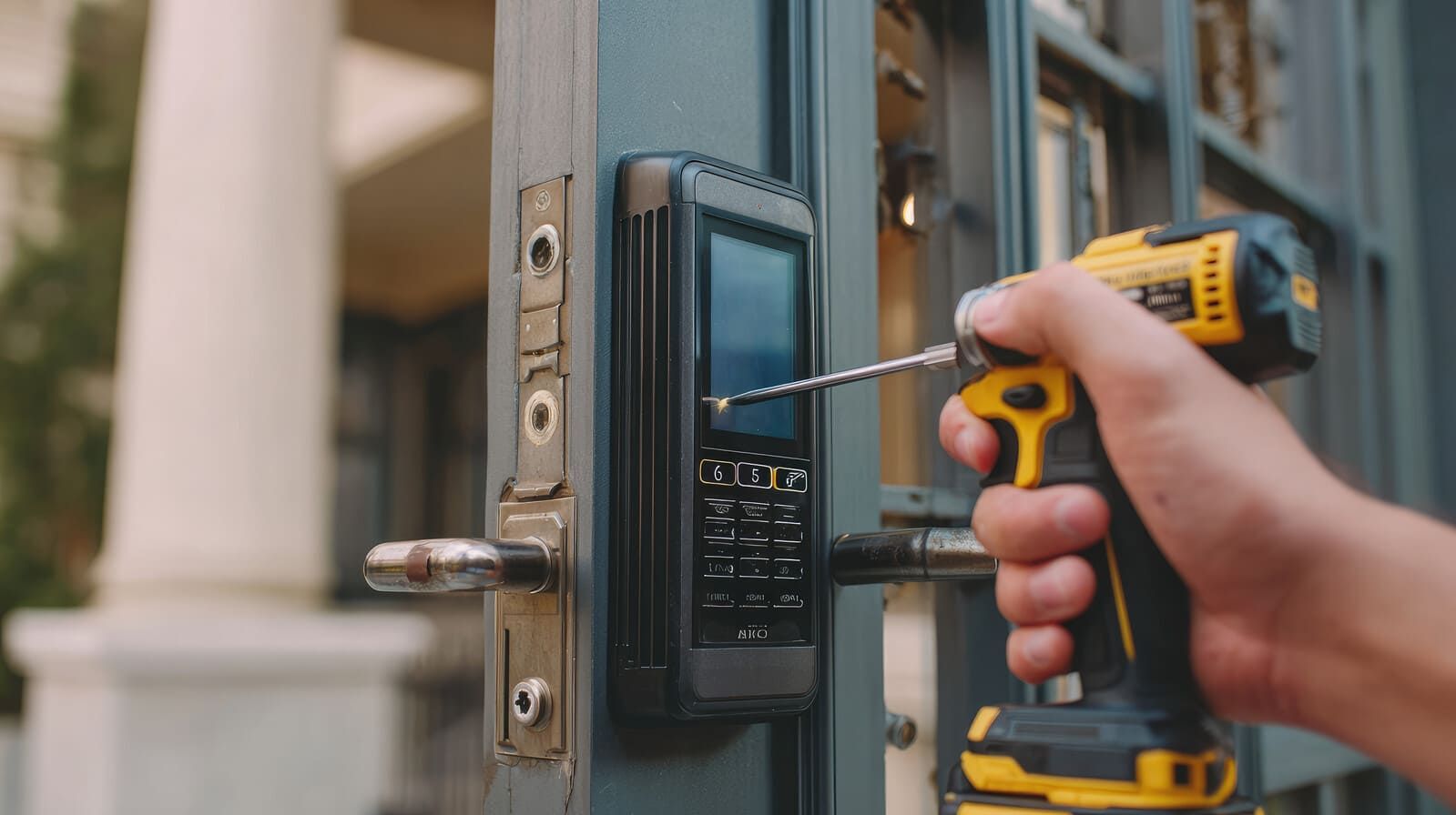 Persona utilizando un taladro amarillo para instalar un teclado de seguridad en una puerta.