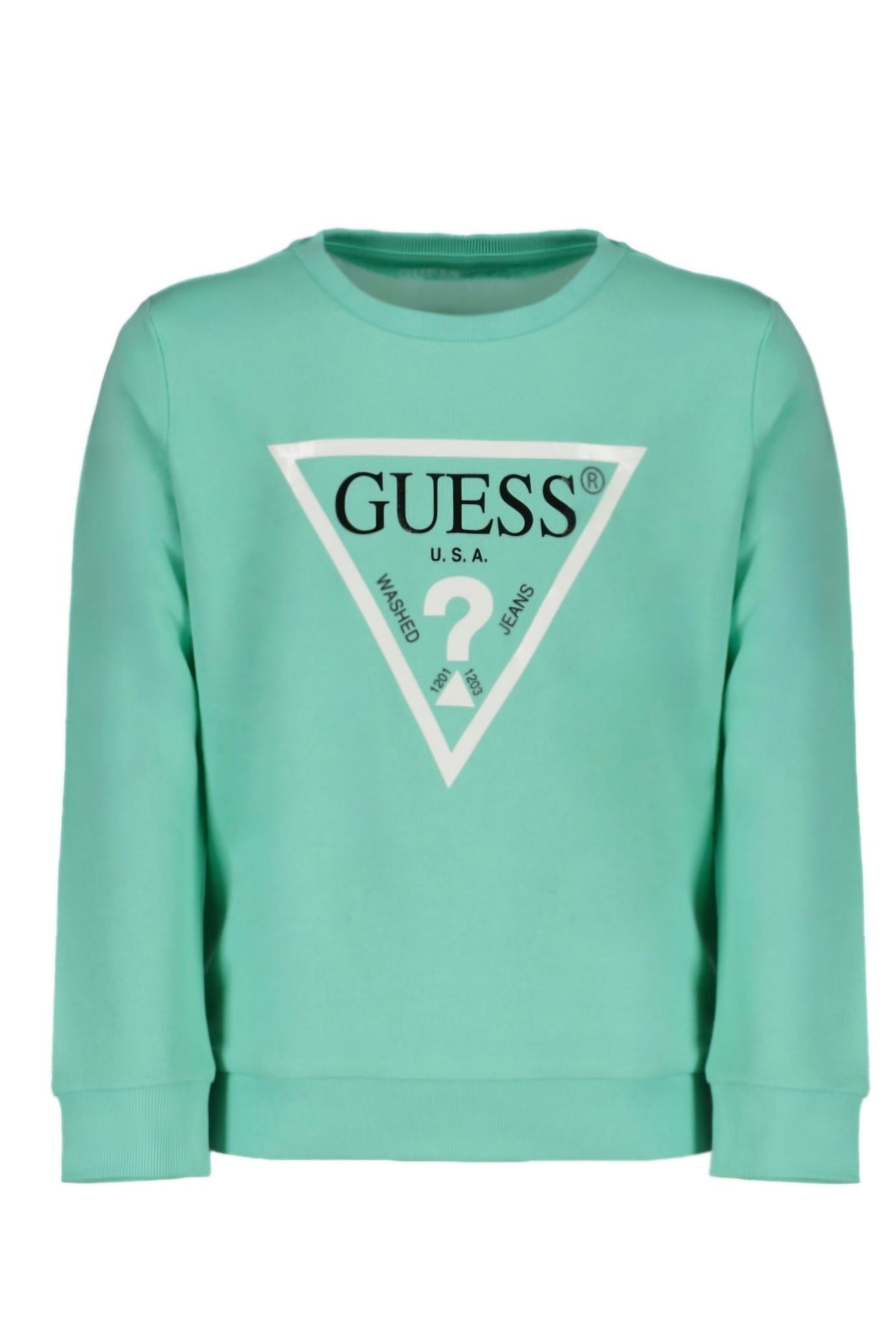 Una sudadera verde de Guess con un signo de interrogación.