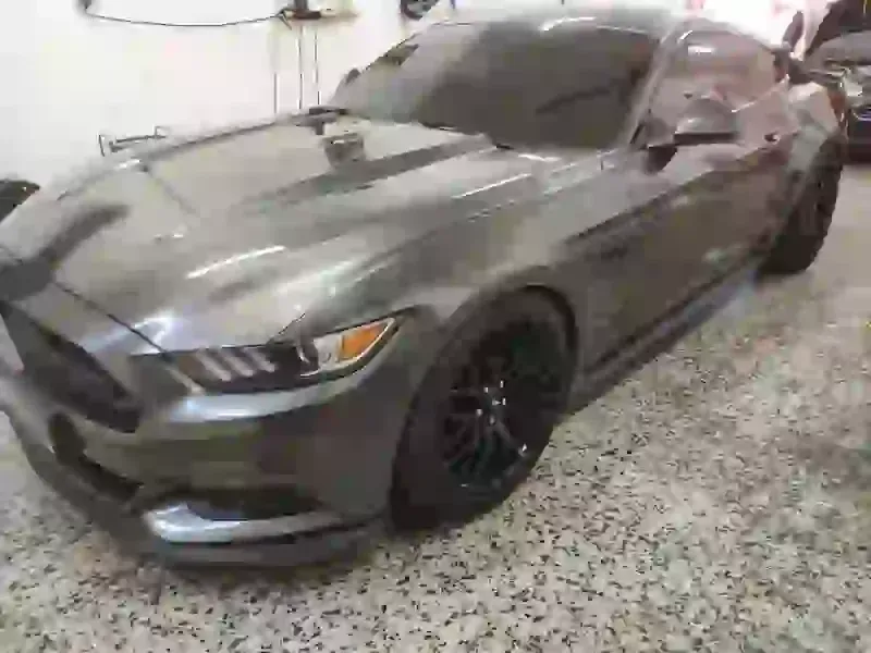 Un mustang gris está estacionado en un garaje.