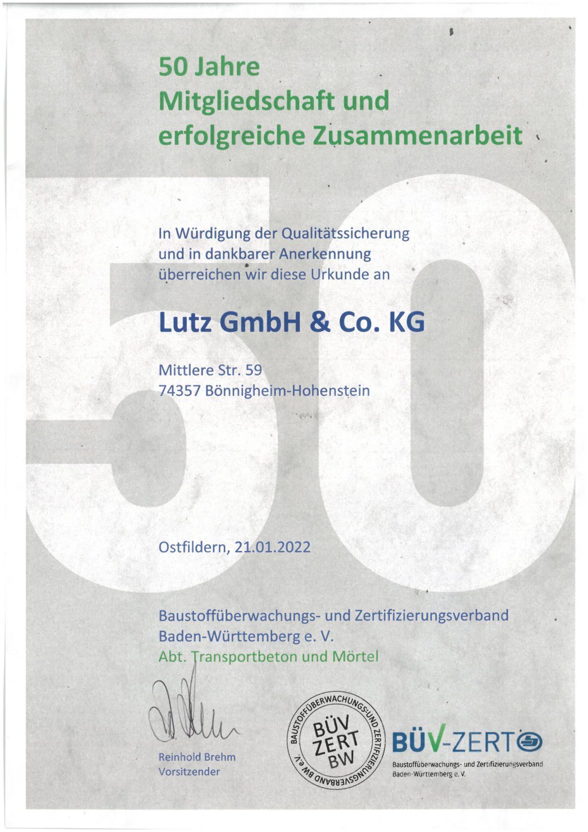 Zertifikat 50 Jahre Mitgliedschaft und erfolgreiche Zusammenarbeit