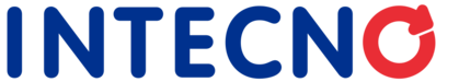 Logotipo de INTECNO en texto azul y rojo, con una flecha circular roja en la “O” final.