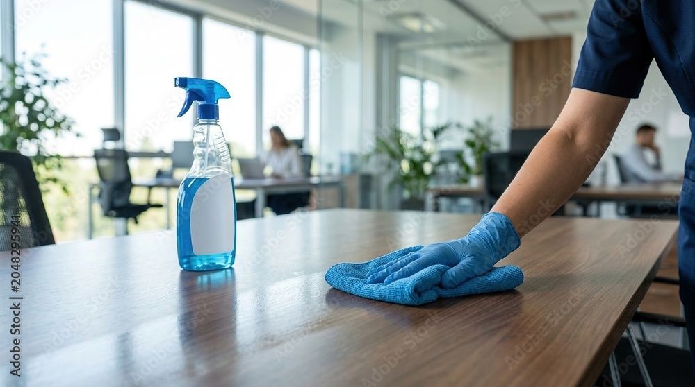 Main gantée essuyant une table de bureau en bois à côté d'un flacon pulvérisateur bleu