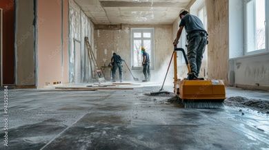 Des ouvriers lissent le béton frais dans un long couloir d'un bâtiment en rénovation