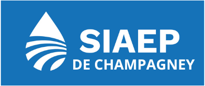 Logo de SIAEP DE CHAMPAGNEY, représentant une goutte d'eau et du texte sur fond bleu.