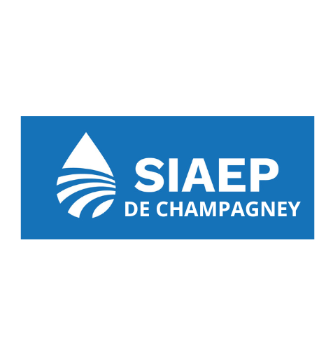 Rectangle bleu avec logo en forme de goutte d'eau et texte « SIAEP DE CHAMPAGNEY ».