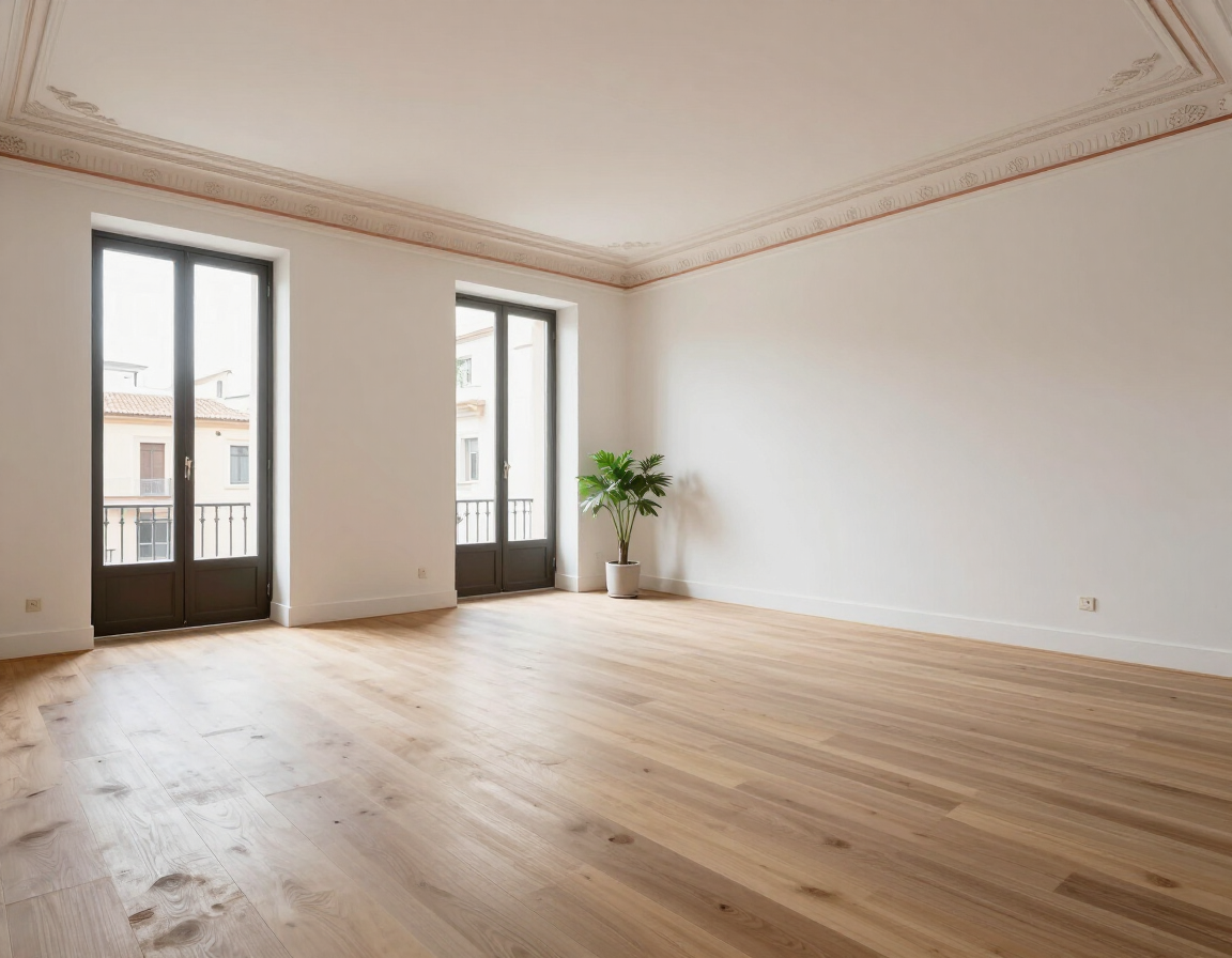 Habitación amplia y vacía, con suelo de madera clara, paredes blancas, ventanas altas y una planta en maceta en una esquina
