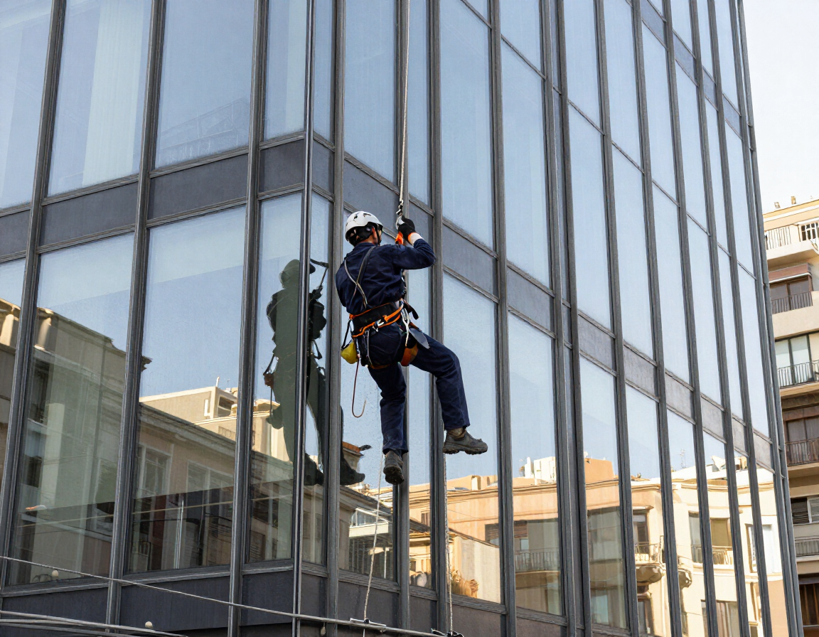 Limpiacristales suspendido con cuerdas en la fachada acristalada de un edificio de oficinas.