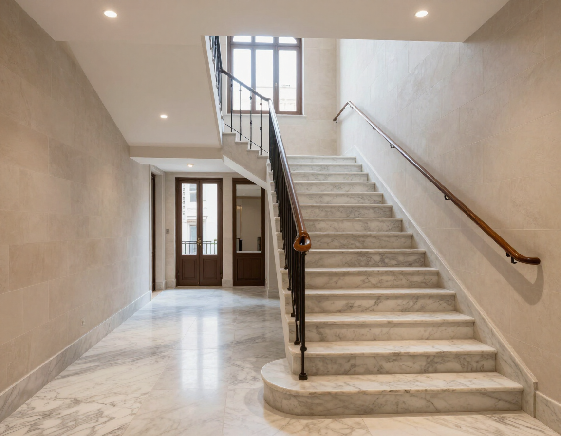 Amplio vestíbulo de mármol con una escalera, barandillas de madera y una puerta principal doble.