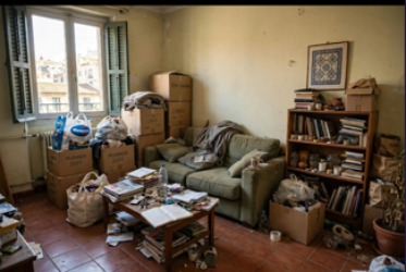 Sala de estar desordenada con un sofá verde, estanterías, cajas y papeles junto a una ventana soleada.