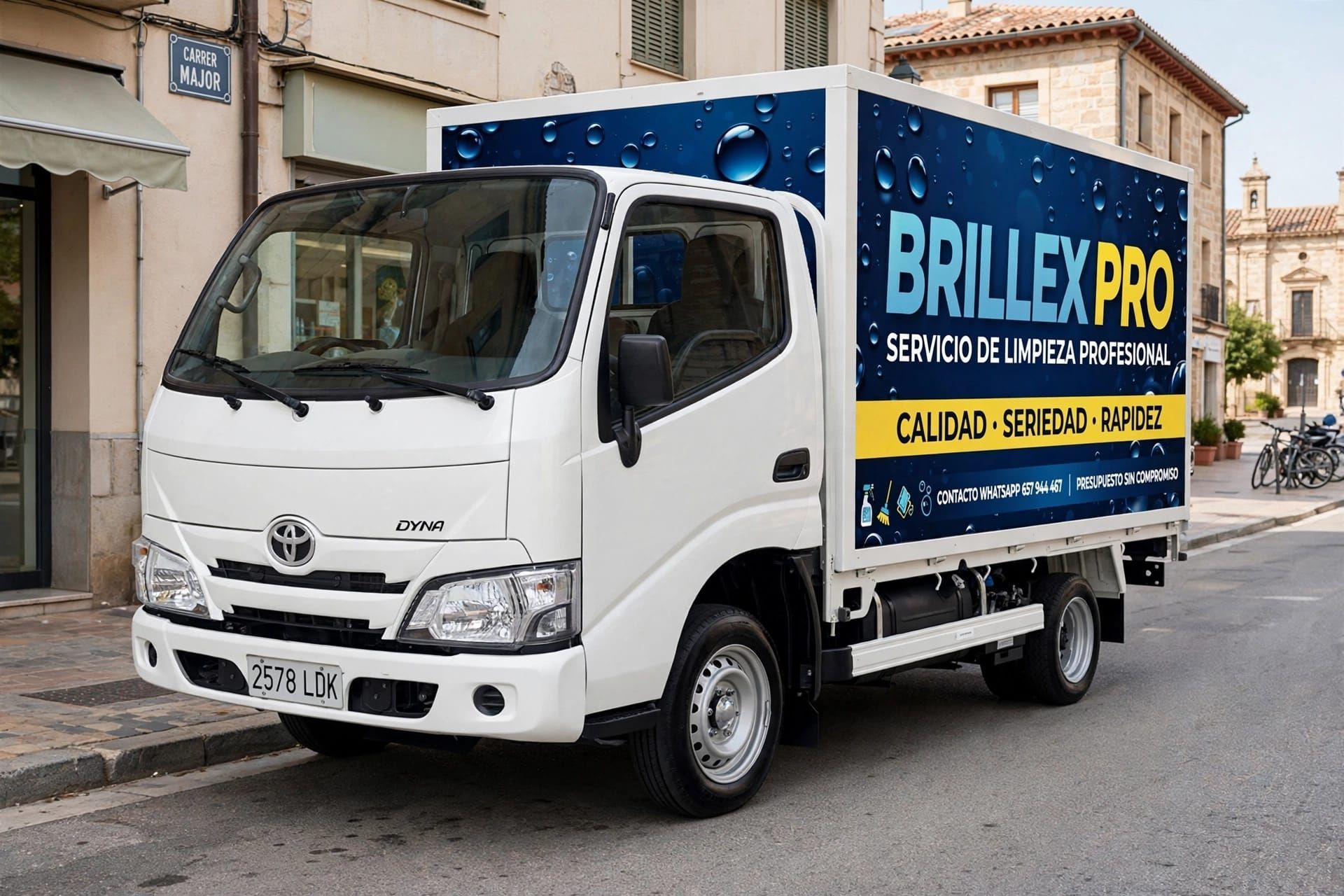 Camión de reparto blanco con la marca BRILLEX PRO aparcado en una calle de la ciudad