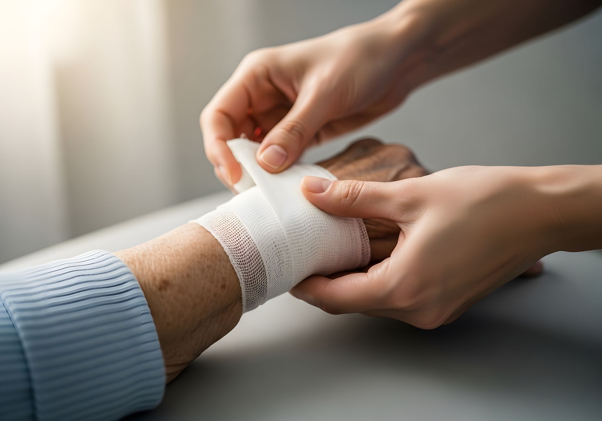 Des mains appliquent soigneusement un bandage médical blanc autour du poignet d'une personne.