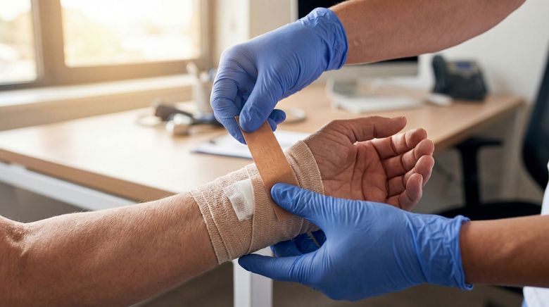 Dans un cabinet médical, un professionnel de santé portant des gants bleus fixe un bandage à l'aide de ruban adhésif autour du poignet d'un patient.