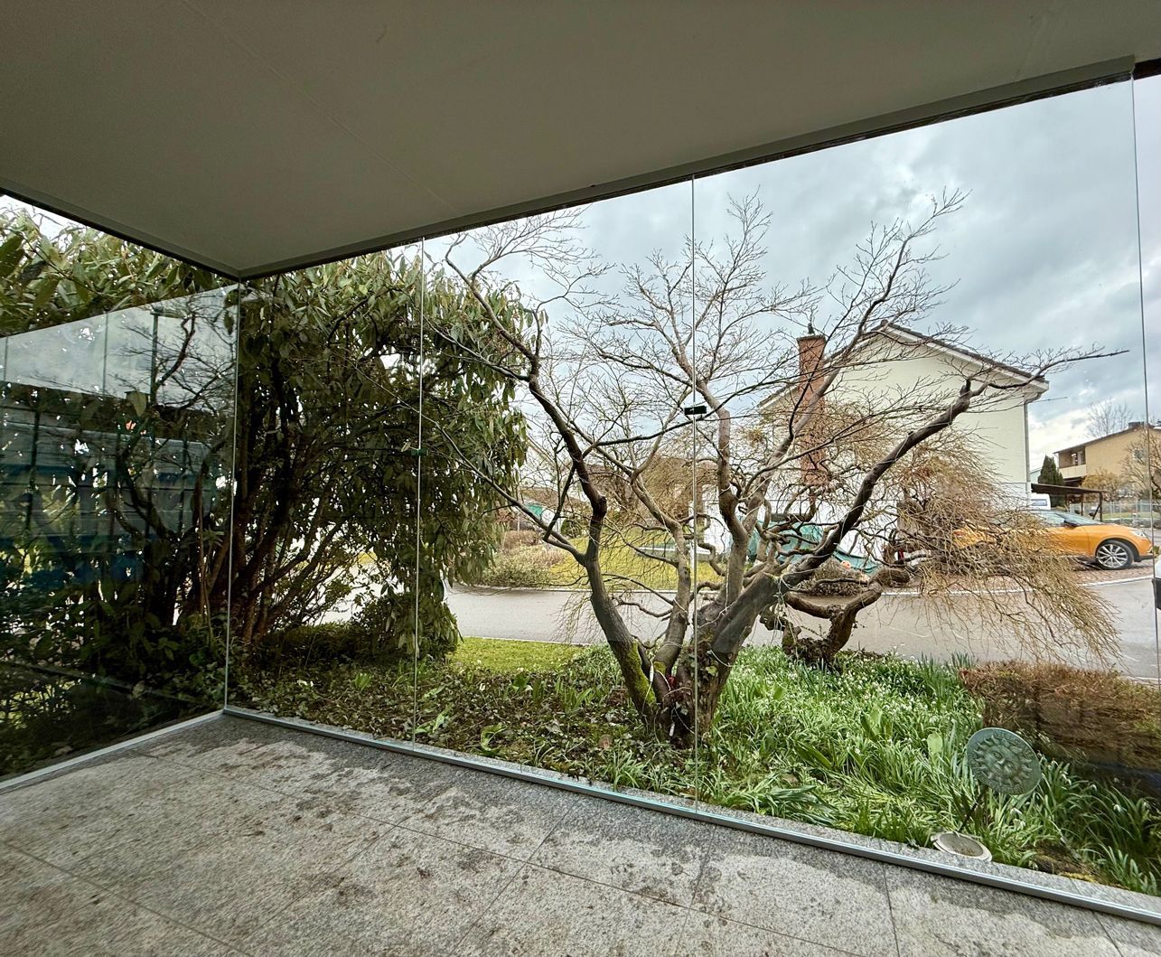 Ein Blick auf einen Baum und ein Haus durch eine Glaswand.