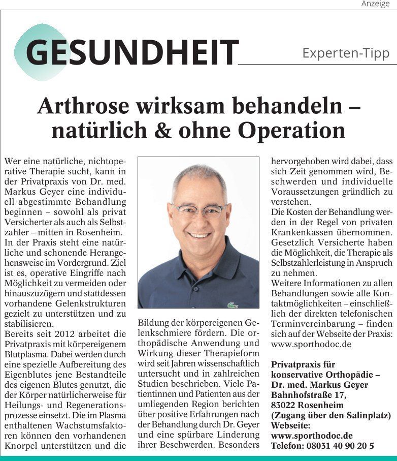 Artikel über die Behandlung von Arthritis von Dr. Geyer, mit Foto, Adresse seiner Klinik und Webseite.