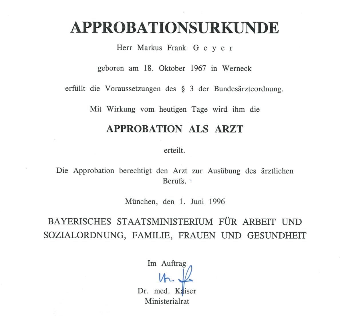 Approbation von Dr. Markus Geyer