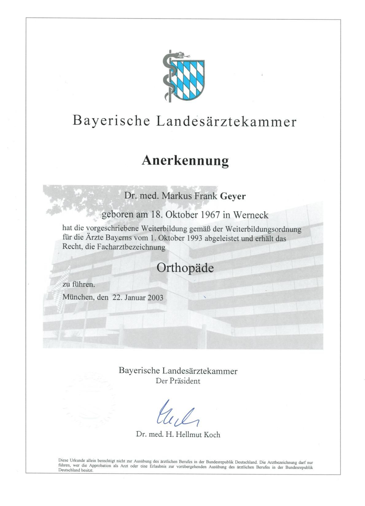 Anerkennung von  Dr. Markus Geyer