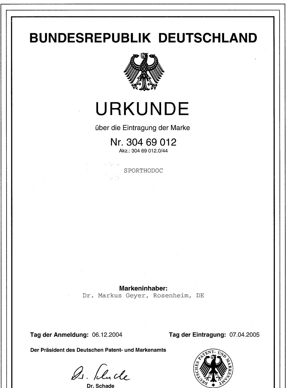 Urkunde von Dr. Markus Geyer