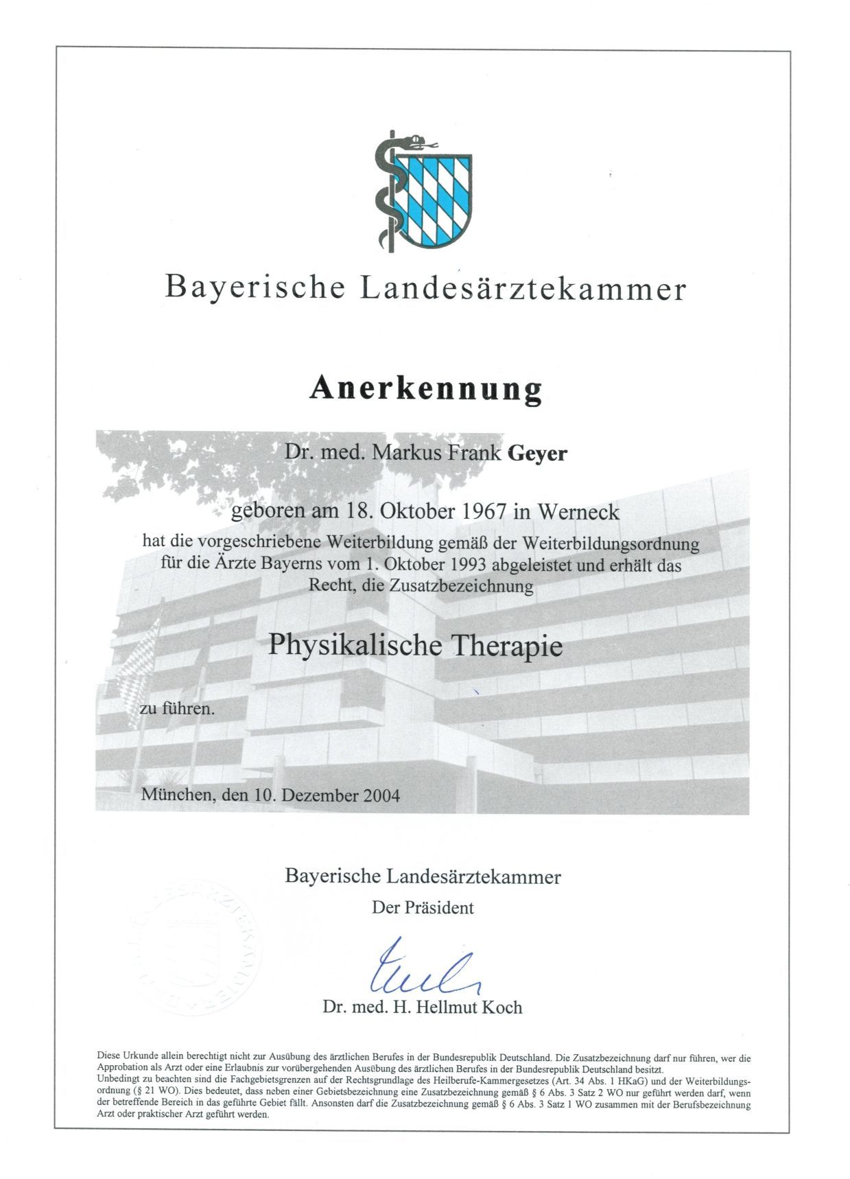 Anerkennung von Dr. Markus Geyer