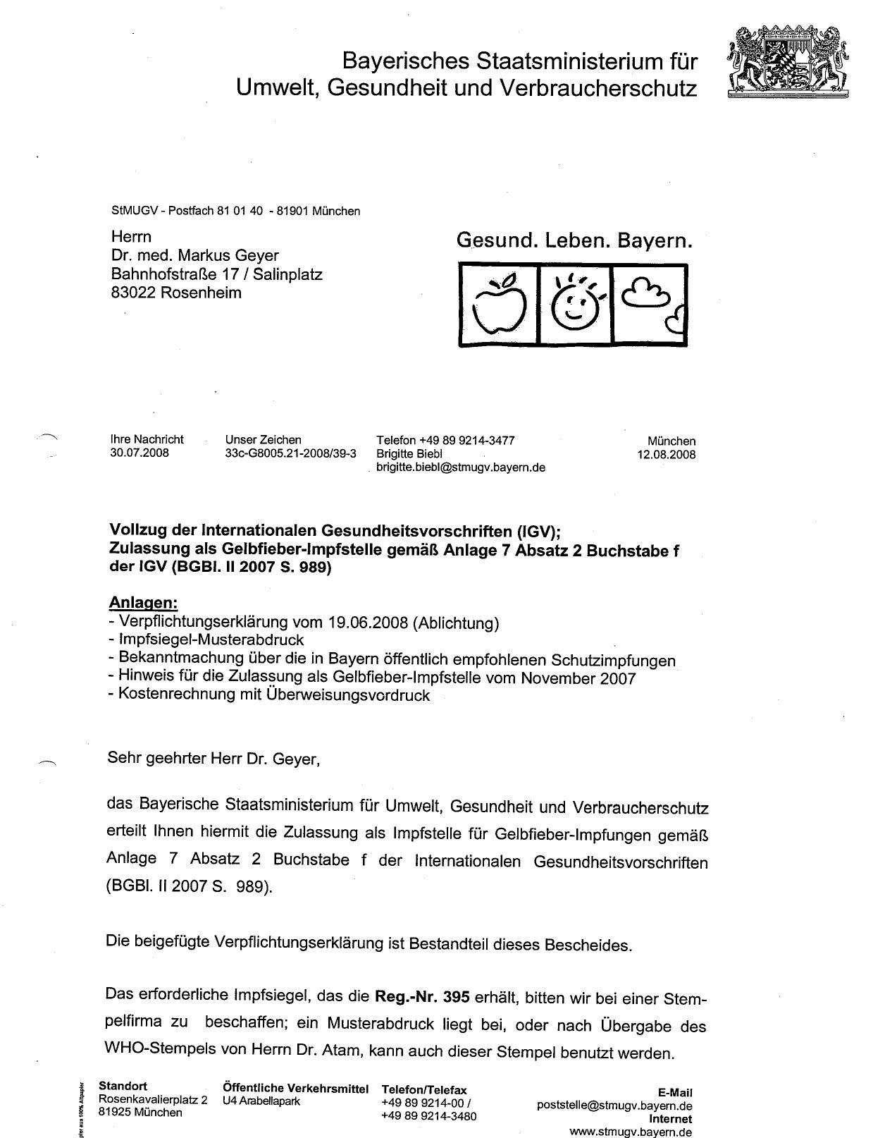Zulassung Gelbfieberimpfstelle von Dr. Markus Geyer