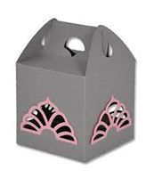 Una caja gris con un asa y un diseño rosa en ella.