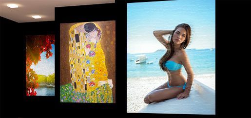 Una mujer en bikini está sentada en una playa junto a una pintura de un beso.
