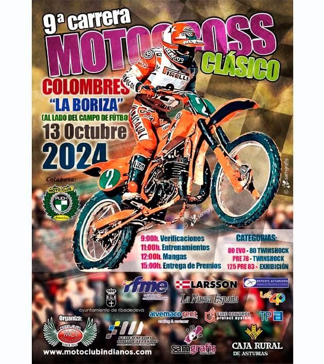 Cartel de motocross: Piloto en moto naranja, detalles de la carrera, 