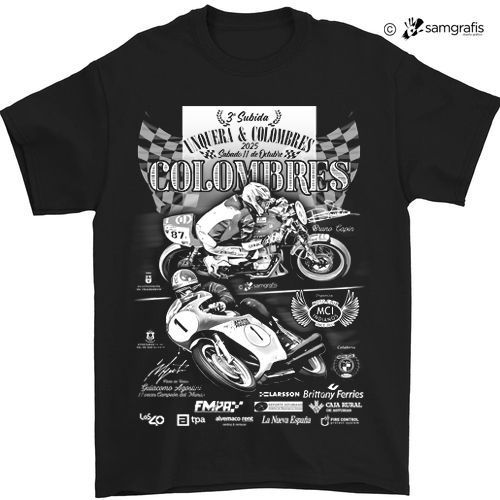 Camiseta negra con estampado de carreras de motos. Dos motoristas compitiendo, banderas a cuadros, texto 