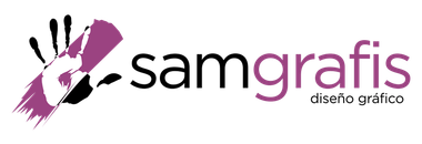 Logotipo para Samgrafis, diseño gráfico. Presenta una huella de mano dentro de una pincelada morada, texto negro.